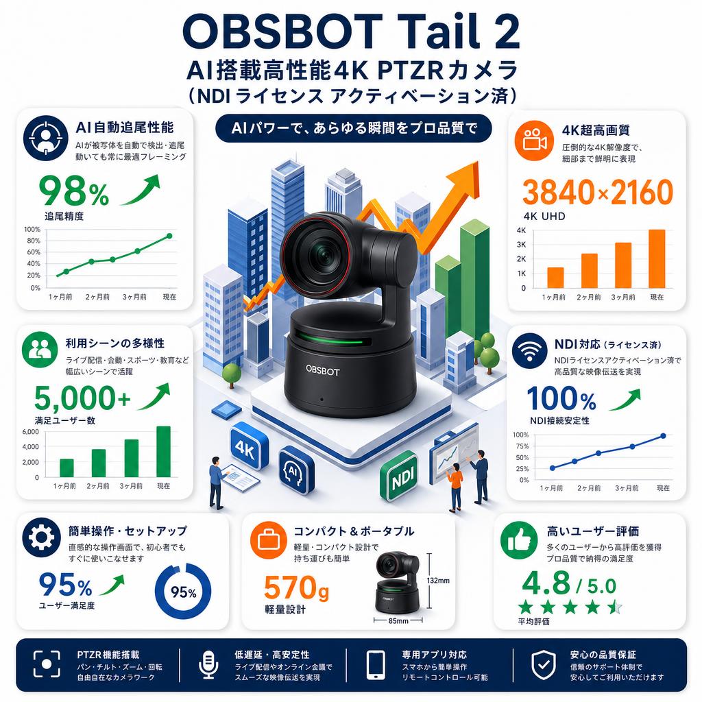 OBSBOT Tail 2 AI搭載高性能4K PTZRカメラ（NDI ライセンス アクティベーション済） インターネット上のお客様の声（評判）