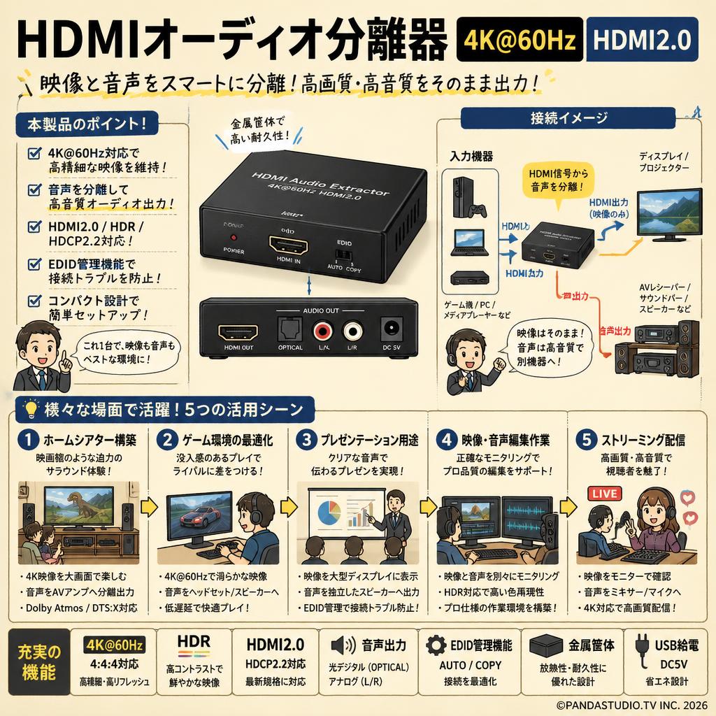 HDMIオーディオ分離器 4K＠60hz HDMI2.0 用途