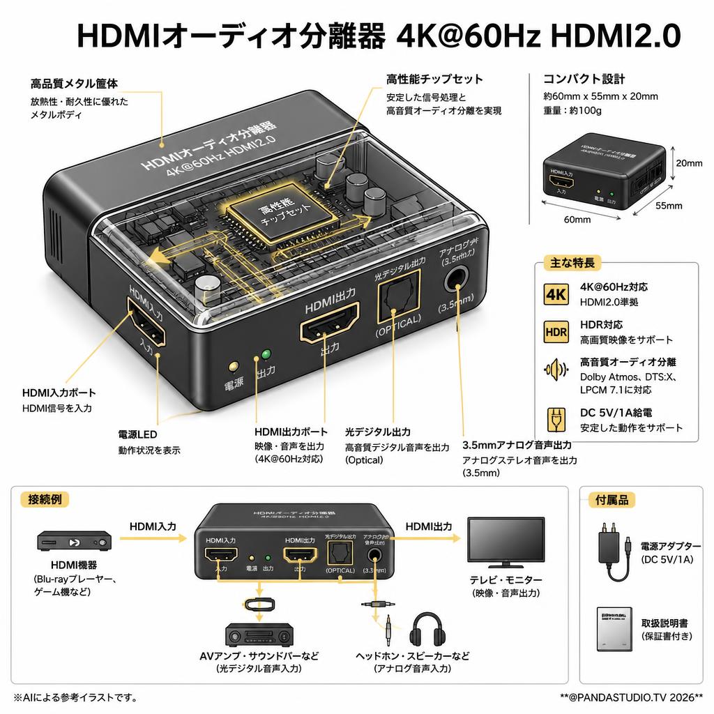 HDMIオーディオ分離器 4K＠60hz HDMI2.0 スペック