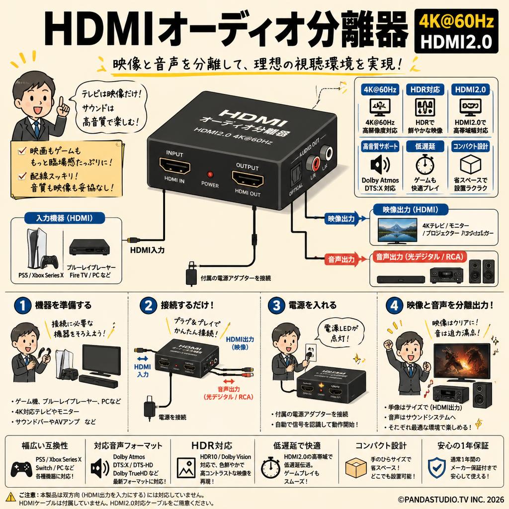 HDMIオーディオ分離器 4K＠60hz HDMI2.0 FAQ（よくある質問と答え）