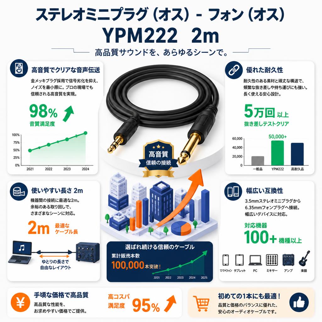 ステレオミニプラグ（オス） - フォン（オス） YPM222　2m セールスポイント