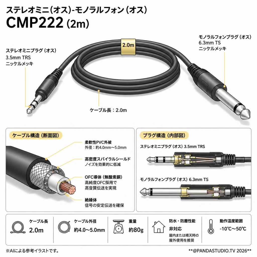 ステレオミニ(オス)-モノラルフォン(オス）CMP222 (2m) スペック
