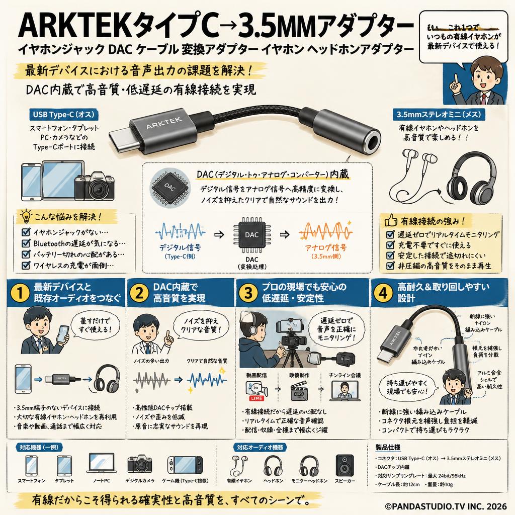 ARKTEKタイプ C→3.5MM アダプター  イヤホンジャック DAC ケーブル 変換 アダプター イヤホン ヘッドホンアダプター 概要