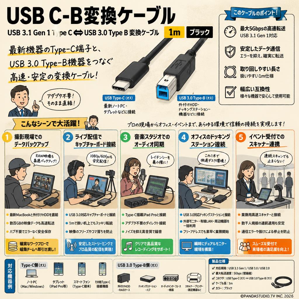 USB C-B変換ケーブル  USB 3.1 Gen 1 Type C USB 3.0 Type B 変換ケーブル 1m ブラック 用途