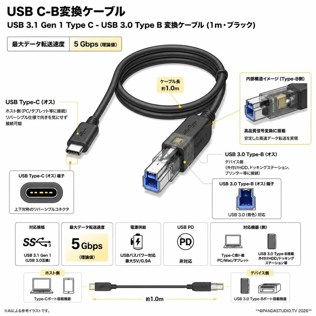USB C-B変換ケーブル  USB 3.1 Gen 1 Type C USB 3.0 Type B 変換ケーブル 1m ブラック スペック