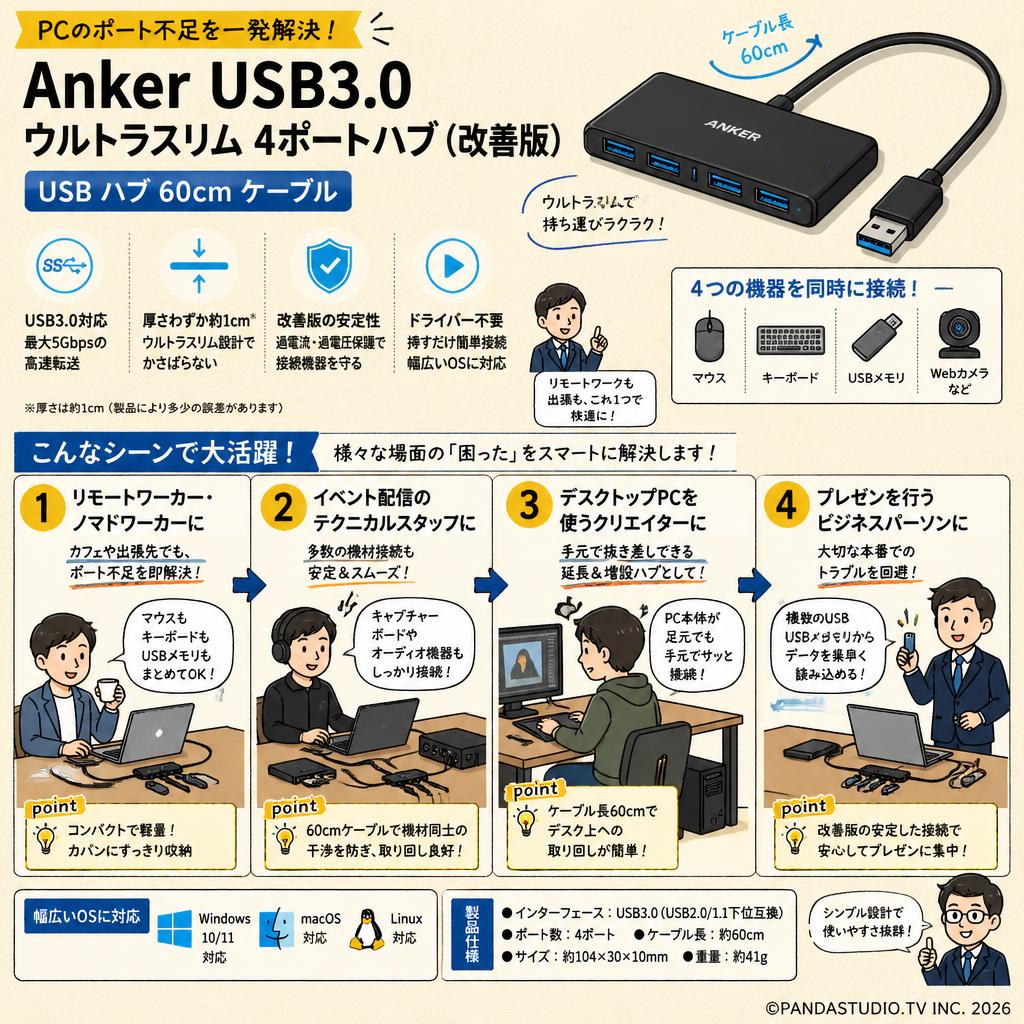 Anker USB3.0 ウルトラスリム 4ポートハブ (改善版), USB ハブ 60cm ケーブル おもな対象のお客様