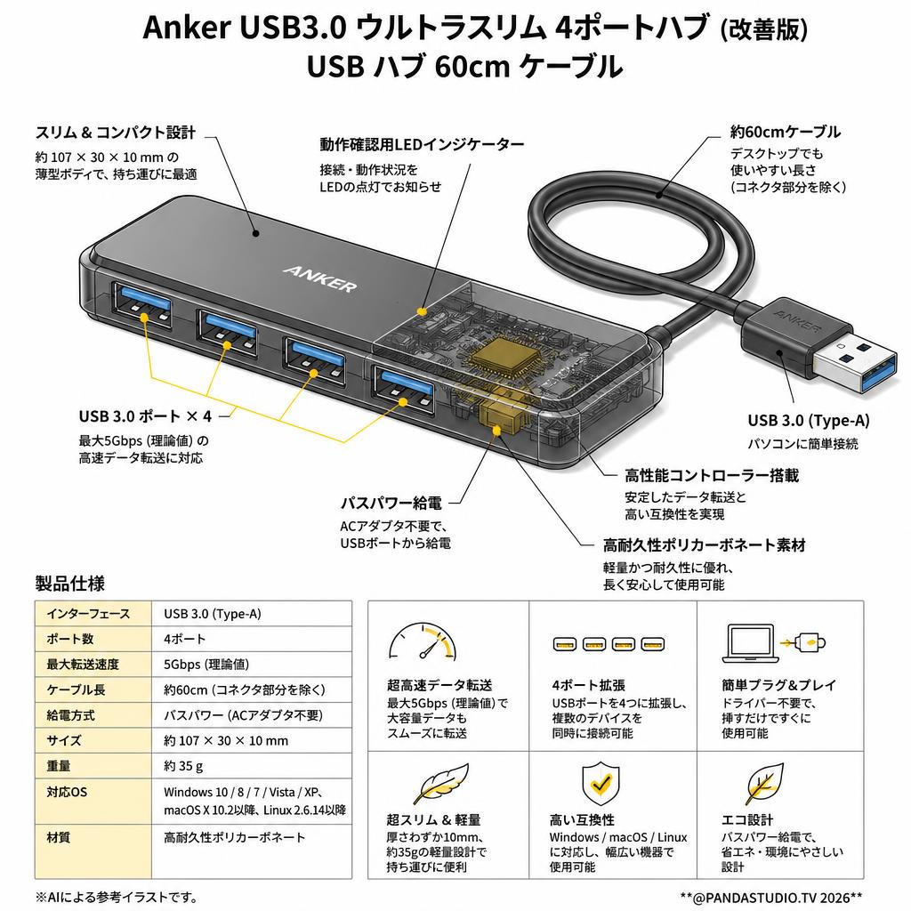 Anker USB3.0 ウルトラスリム 4ポートハブ (改善版), USB ハブ 60cm ケーブル スペック