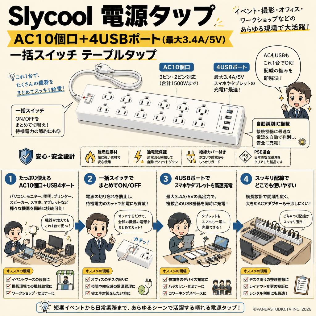 Slycool 電源タップ USBコンセントAC10個口＋4USBポート（最大3.4A/5V） 一括スイッチ テーブルタップ おもな対象のお客様