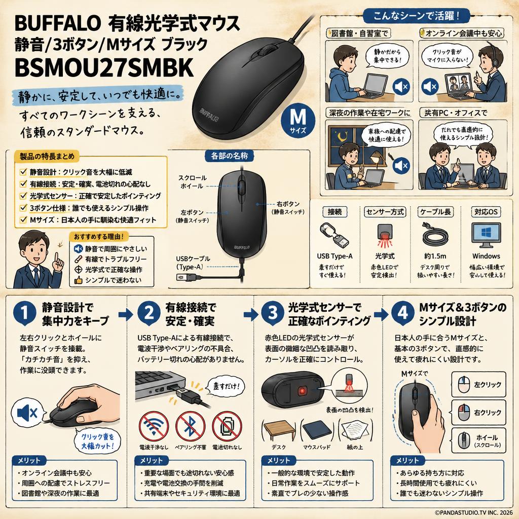BUFFALO 有線光学式マウス 静音/3ボタン/Mサイズ ブラック BSMOU27SMBK 概要