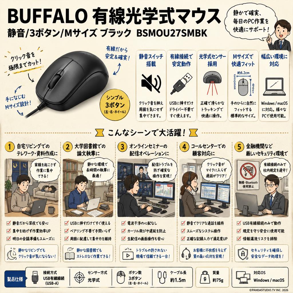 BUFFALO 有線光学式マウス 静音/3ボタン/Mサイズ ブラック BSMOU27SMBK 用途
