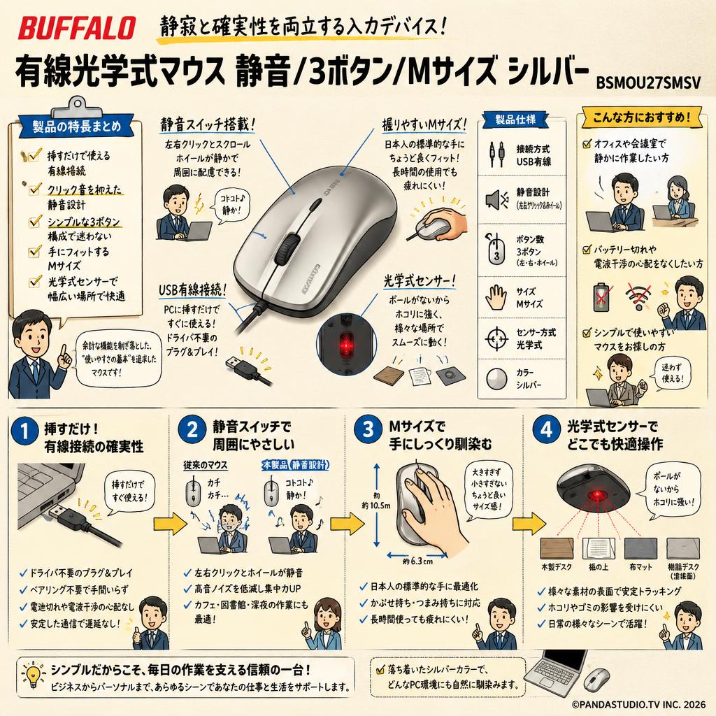 BUFFALO 有線光学式マウス 静音/3ボタン/Mサイズ シルバー BSMOU27SMSV 概要