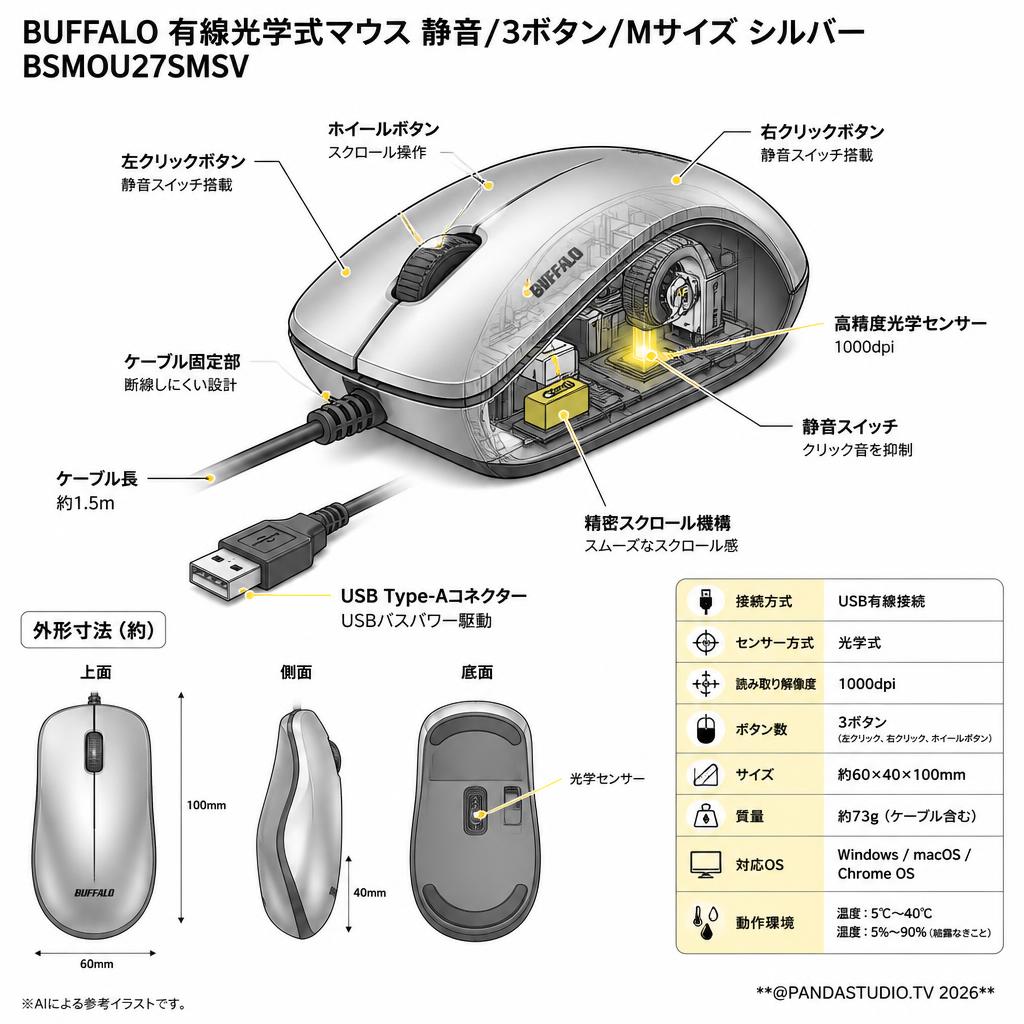 BUFFALO 有線光学式マウス 静音/3ボタン/Mサイズ シルバー BSMOU27SMSV スペック