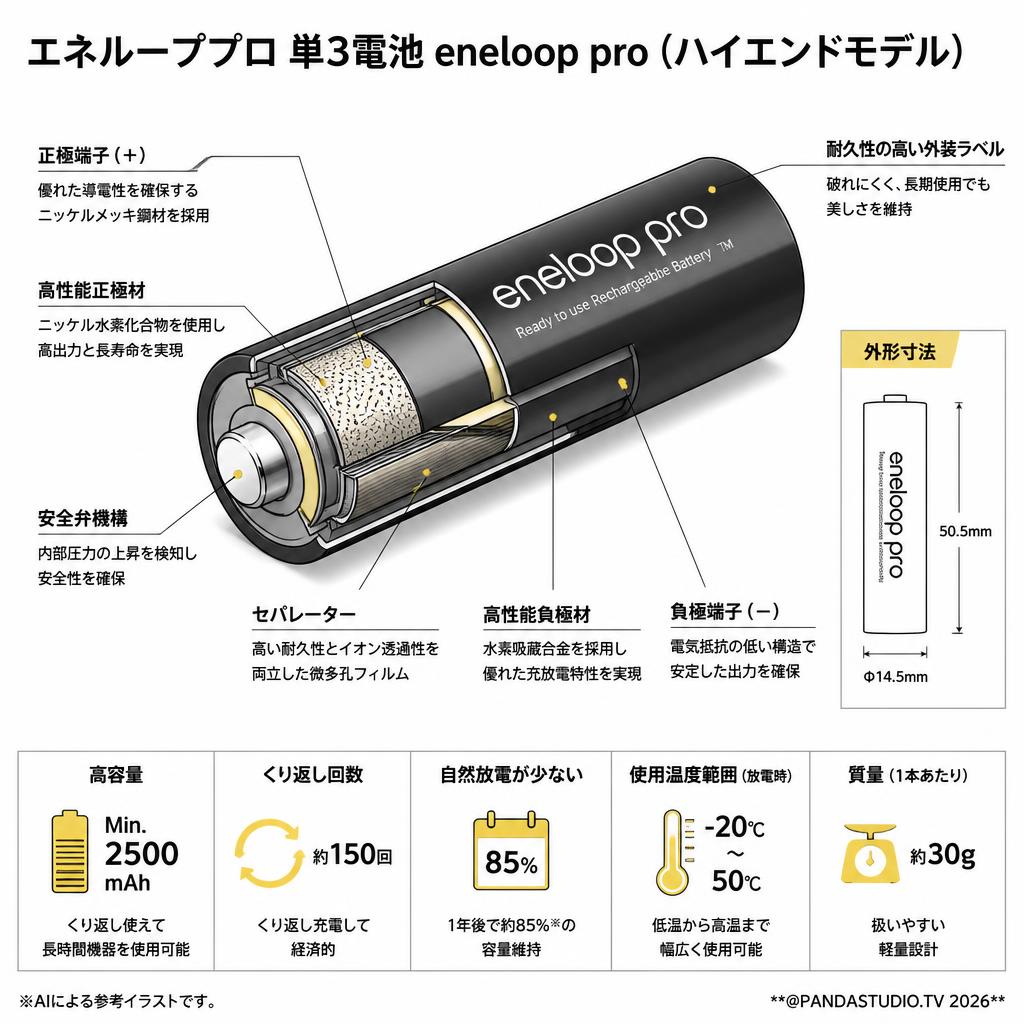 エネループプロ 単3電池 eneloop pro（ハイエンドモデル） スペック