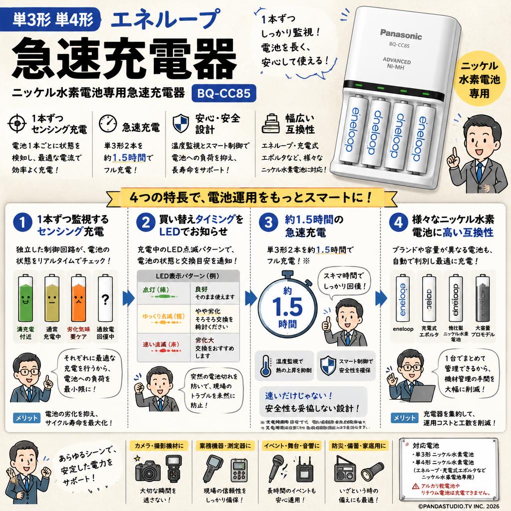 単3形単4形 エネループ 急速充電器 ニッケル水素電池専用急速充電器 BQ-CC85 概要