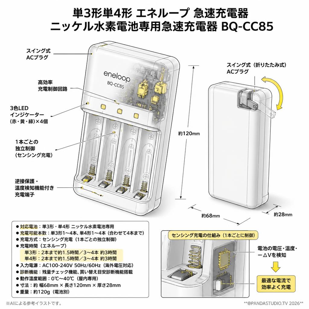 単3形単4形 エネループ 急速充電器 ニッケル水素電池専用急速充電器 BQ-CC85 スペック