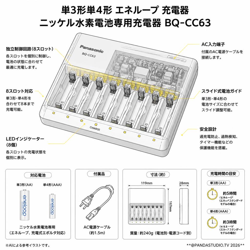 単3形単4形 エネループ 充電器 ニッケル水素電池専用充電器 BQ-CC63 スペック
