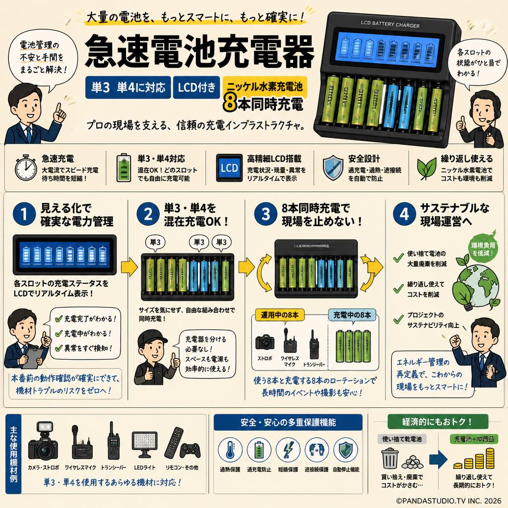 急速電池充電器  単3 単4に対応 LCD付き ニッケル水素充電池 8本同時充電 概要