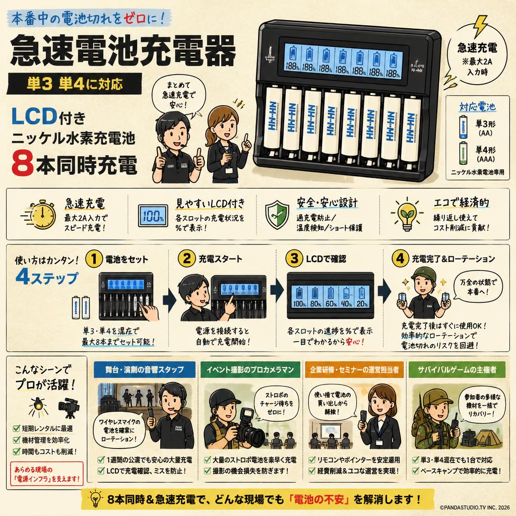 急速電池充電器  単3 単4に対応 LCD付き ニッケル水素充電池 8本同時充電 おもな対象のお客様