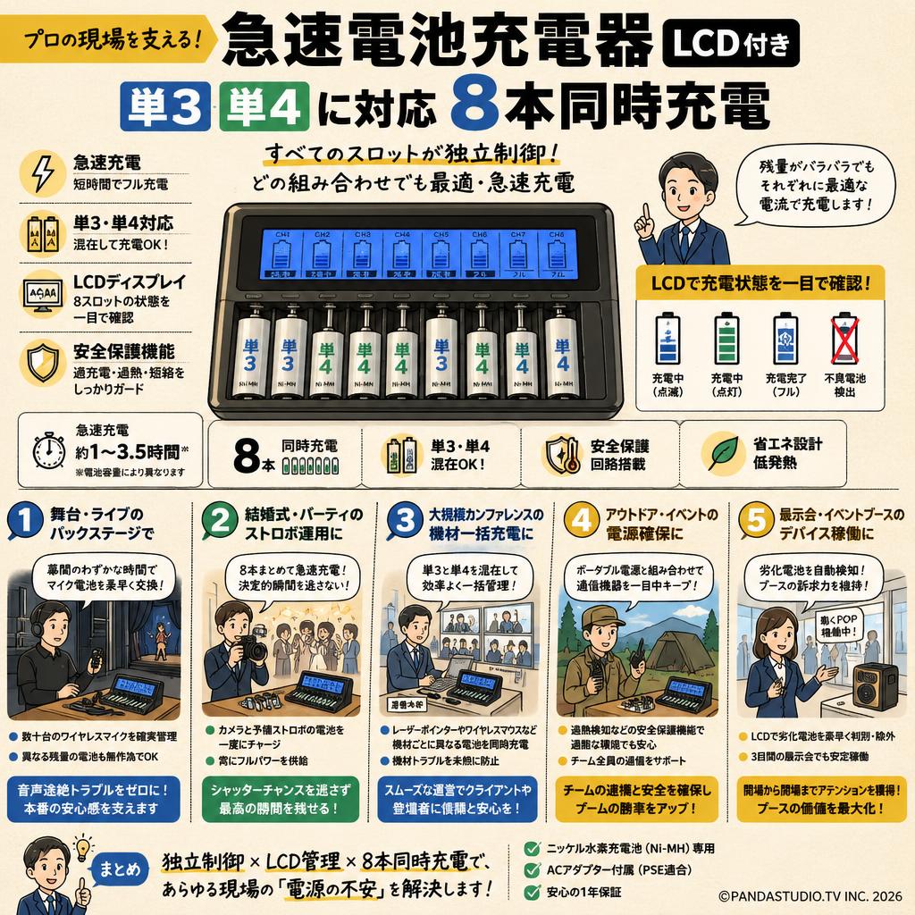 急速電池充電器  単3 単4に対応 LCD付き ニッケル水素充電池 8本同時充電 用途