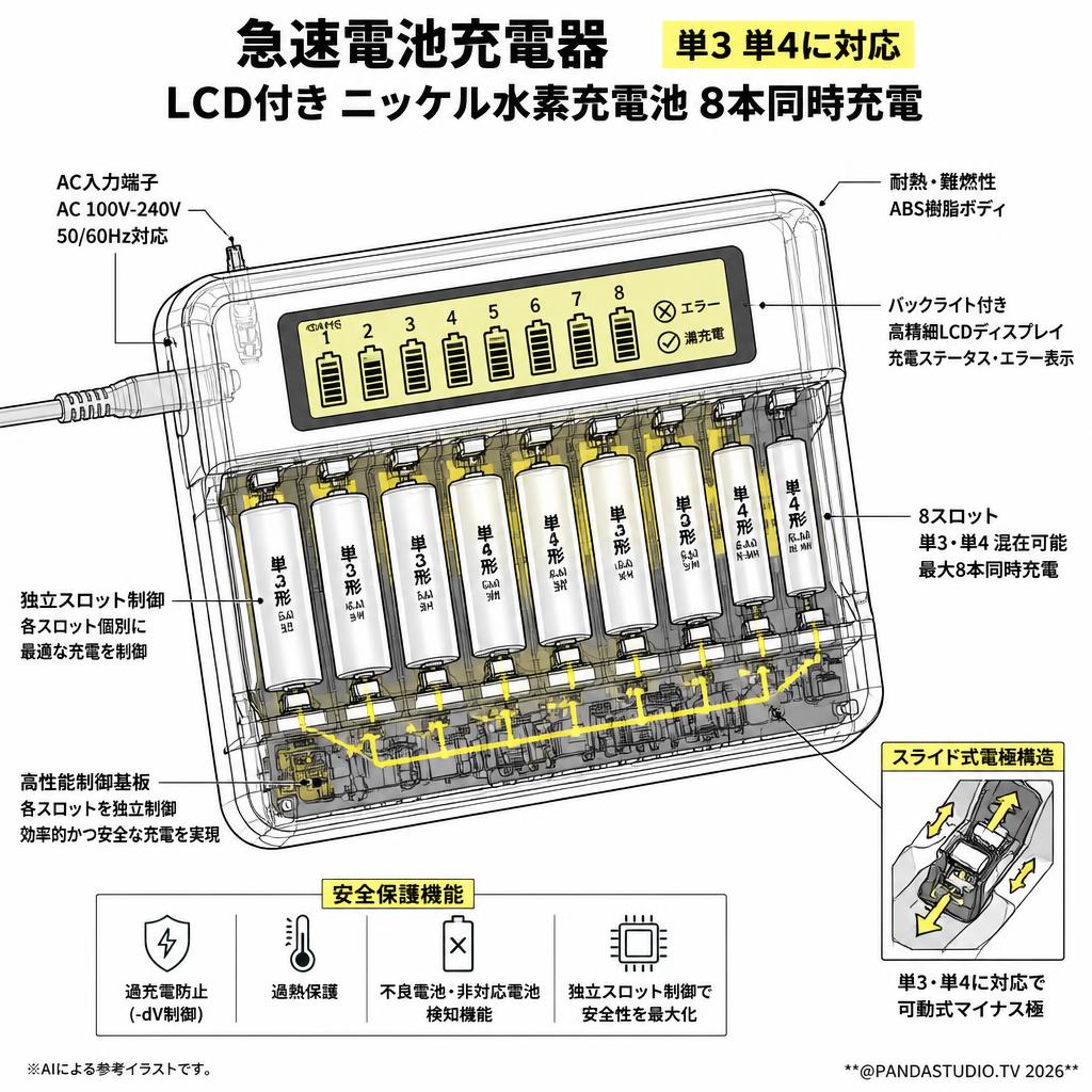 急速電池充電器  単3 単4に対応 LCD付き ニッケル水素充電池 8本同時充電 スペック