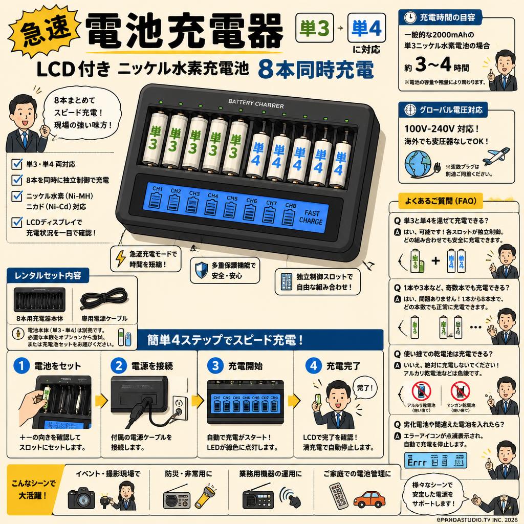 急速電池充電器  単3 単4に対応 LCD付き ニッケル水素充電池 8本同時充電 FAQ（よくある質問と答え）