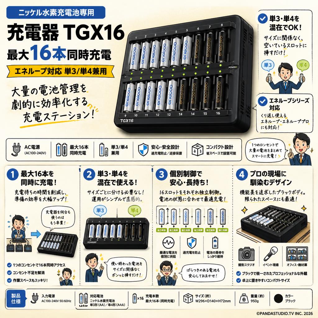 ニッケル水素充電池専用 充電器 TGX16 最大16本同時充電 エネループ対応 単3/単4兼用 ブラック 概要