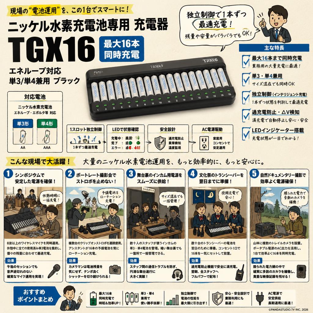 ニッケル水素充電池専用 充電器 TGX16 最大16本同時充電 エネループ対応 単3/単4兼用 ブラック 用途