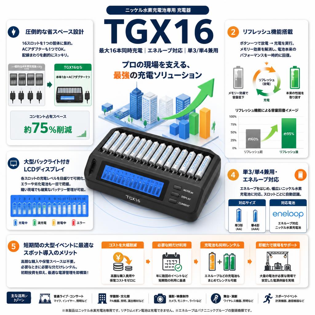 ニッケル水素充電池専用 充電器 TGX16 最大16本同時充電 エネループ対応 単3/単4兼用 ブラック セールスポイント