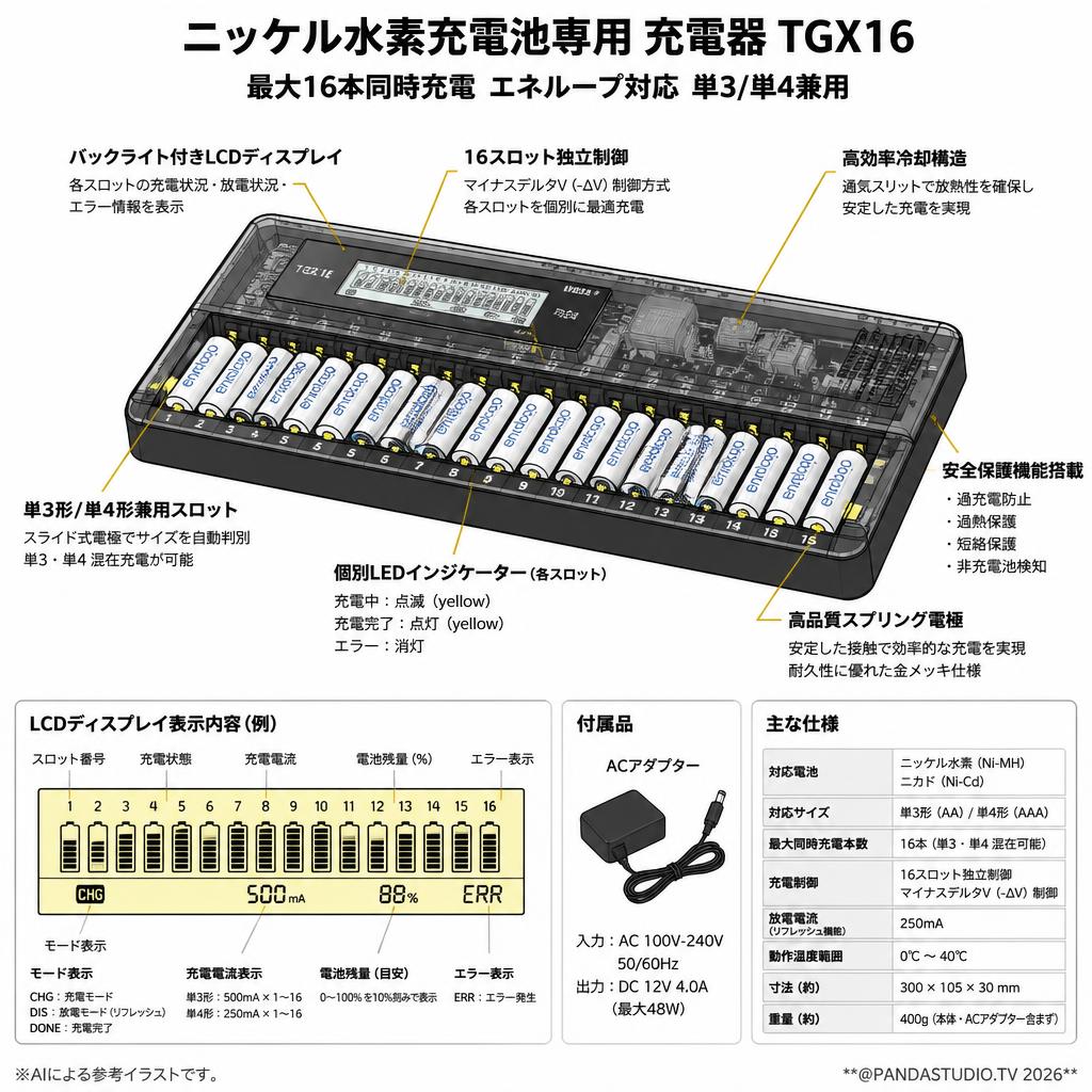 ニッケル水素充電池専用 充電器 TGX16 最大16本同時充電 エネループ対応 単3/単4兼用 ブラック スペック