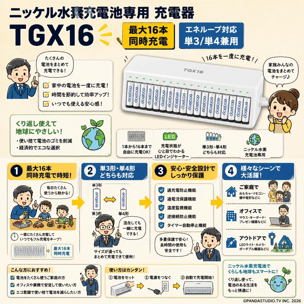 ニッケル水素充電池専用 充電器 TGX16 最大16本同時充電 エネループ対応 単3/単4兼用 ホワイト おもな対象のお客様