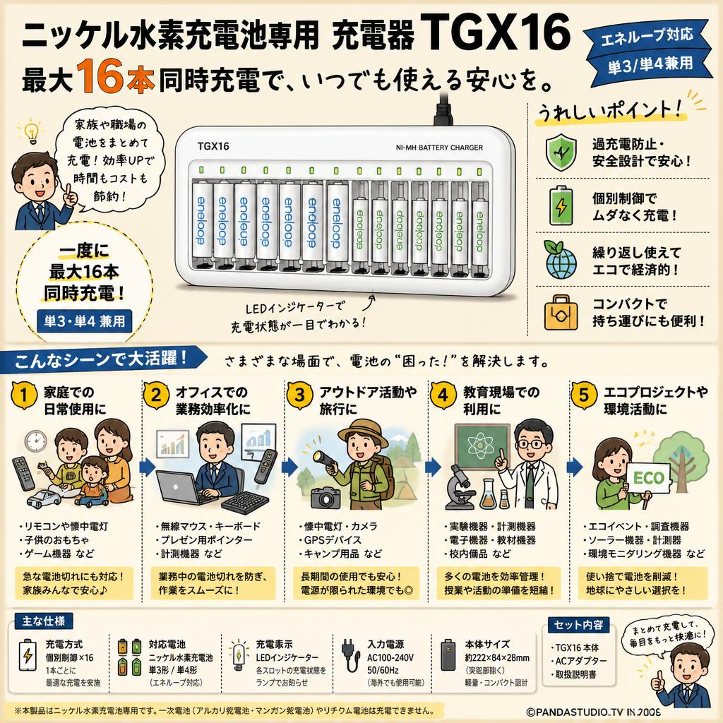 ニッケル水素充電池専用 充電器 TGX16 最大16本同時充電 エネループ対応 単3/単4兼用 ホワイト 用途