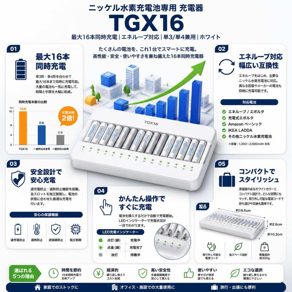 ニッケル水素充電池専用 充電器 TGX16 最大16本同時充電 エネループ対応 単3/単4兼用 ホワイト セールスポイント