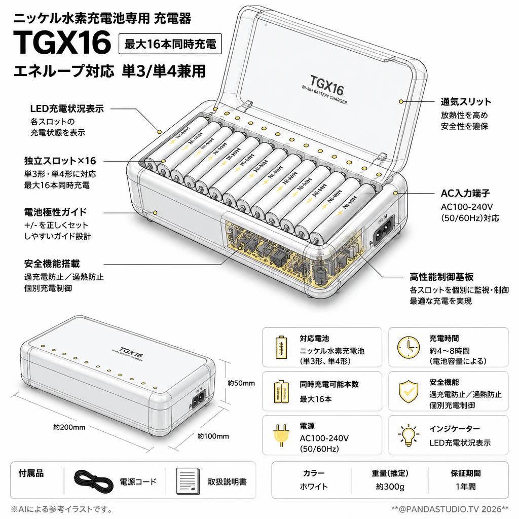 ニッケル水素充電池専用 充電器 TGX16 最大16本同時充電 エネループ対応 単3/単4兼用 ホワイト スペック