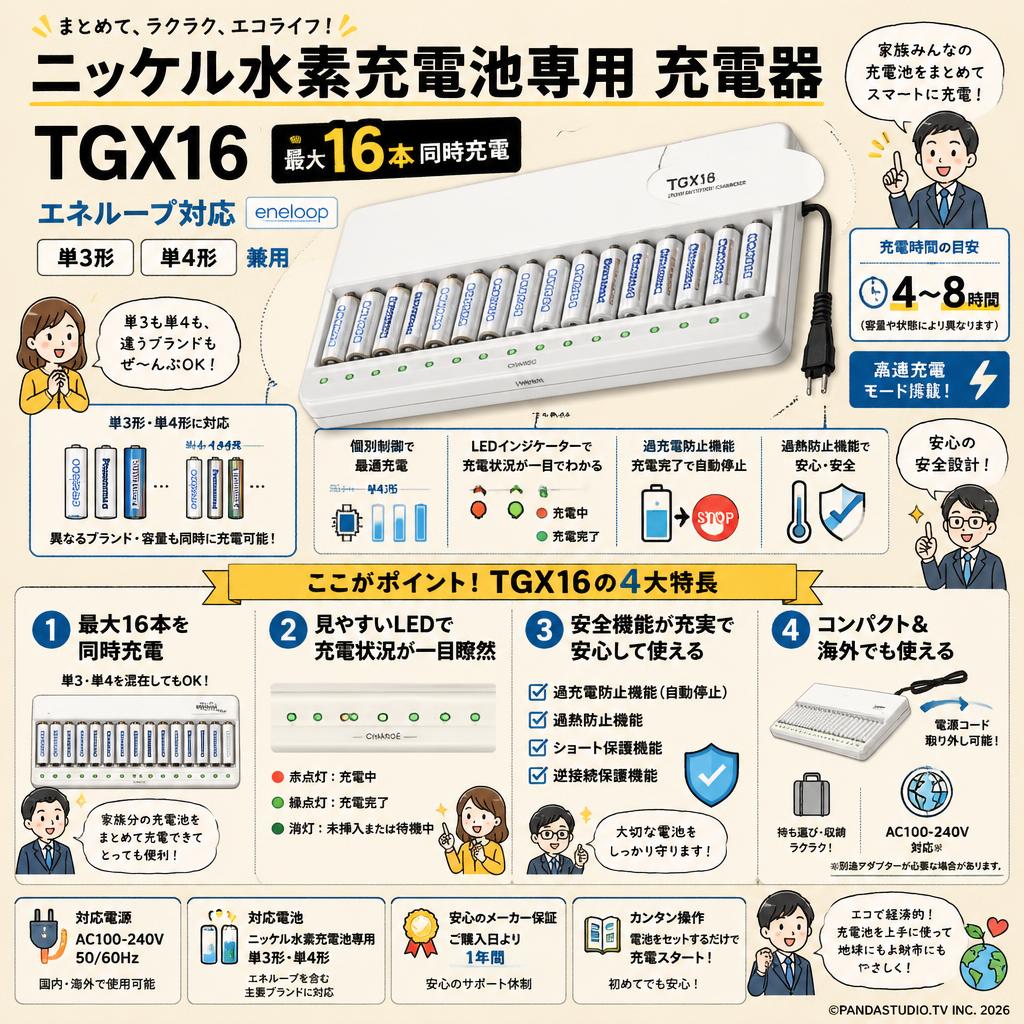 ニッケル水素充電池専用 充電器 TGX16 最大16本同時充電 エネループ対応 単3/単4兼用 ホワイト FAQ（よくある質問と答え）