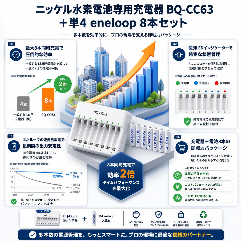ニッケル水素電池専用充電器 BQ-CC63 ＋単4 eneloop 8本セット セールスポイント