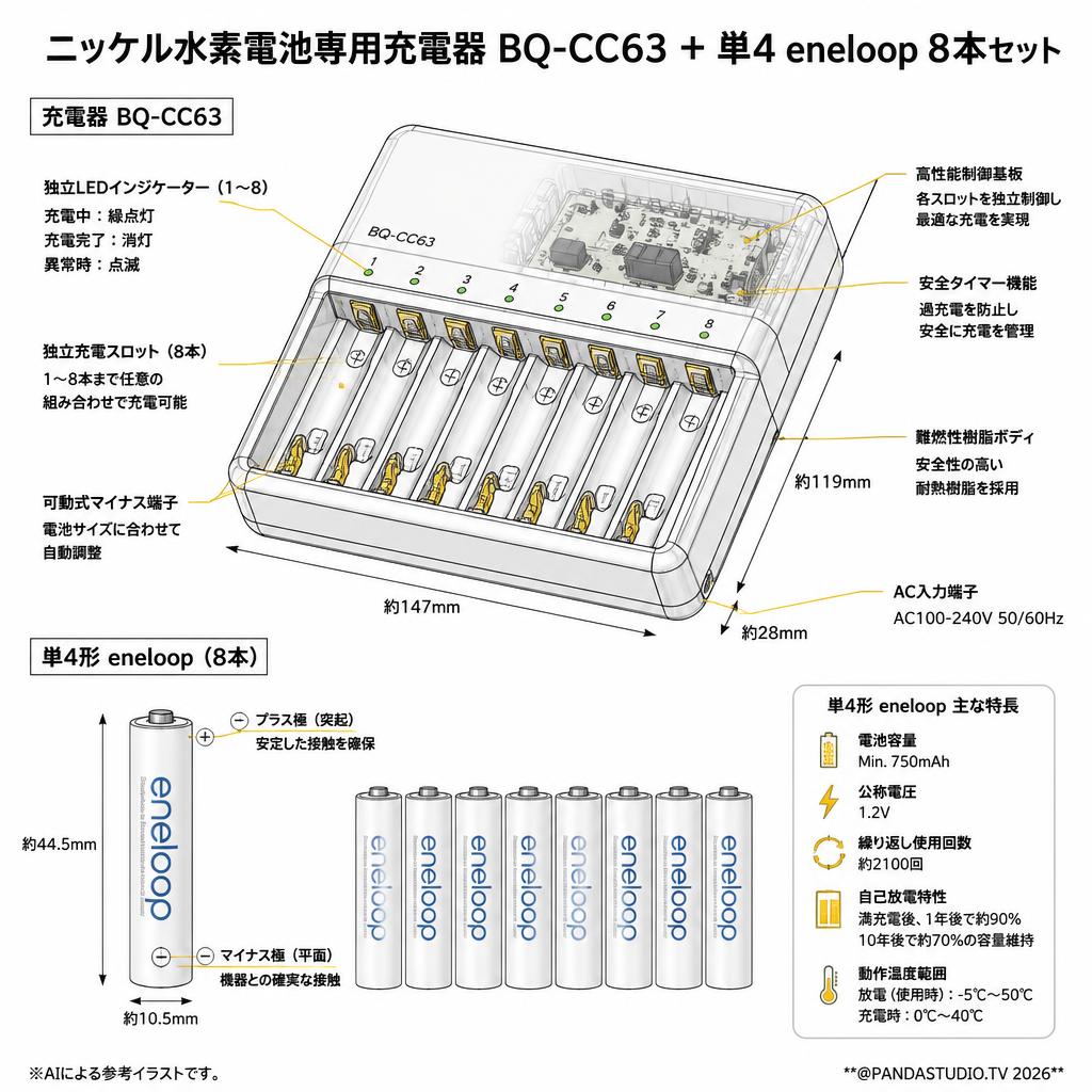 ニッケル水素電池専用充電器 BQ-CC63 ＋単4 eneloop 8本セット スペック
