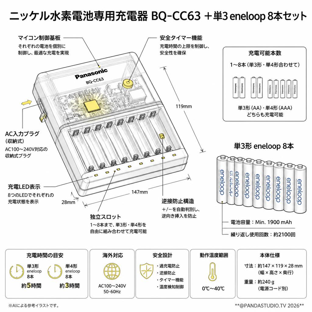 ニッケル水素電池専用充電器 BQ-CC63 ＋単3 eneloop 8本セット スペック