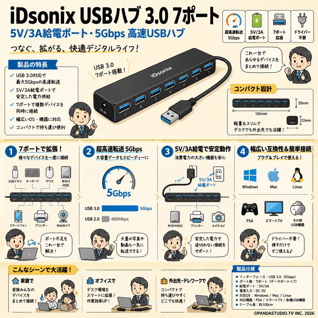 iDsonix USBハブ 3.0 7ポート 5V/3A給電ポート 5Gbps 高速USBハブ PS4対応 Windows/Mac/Linux等対応 概要