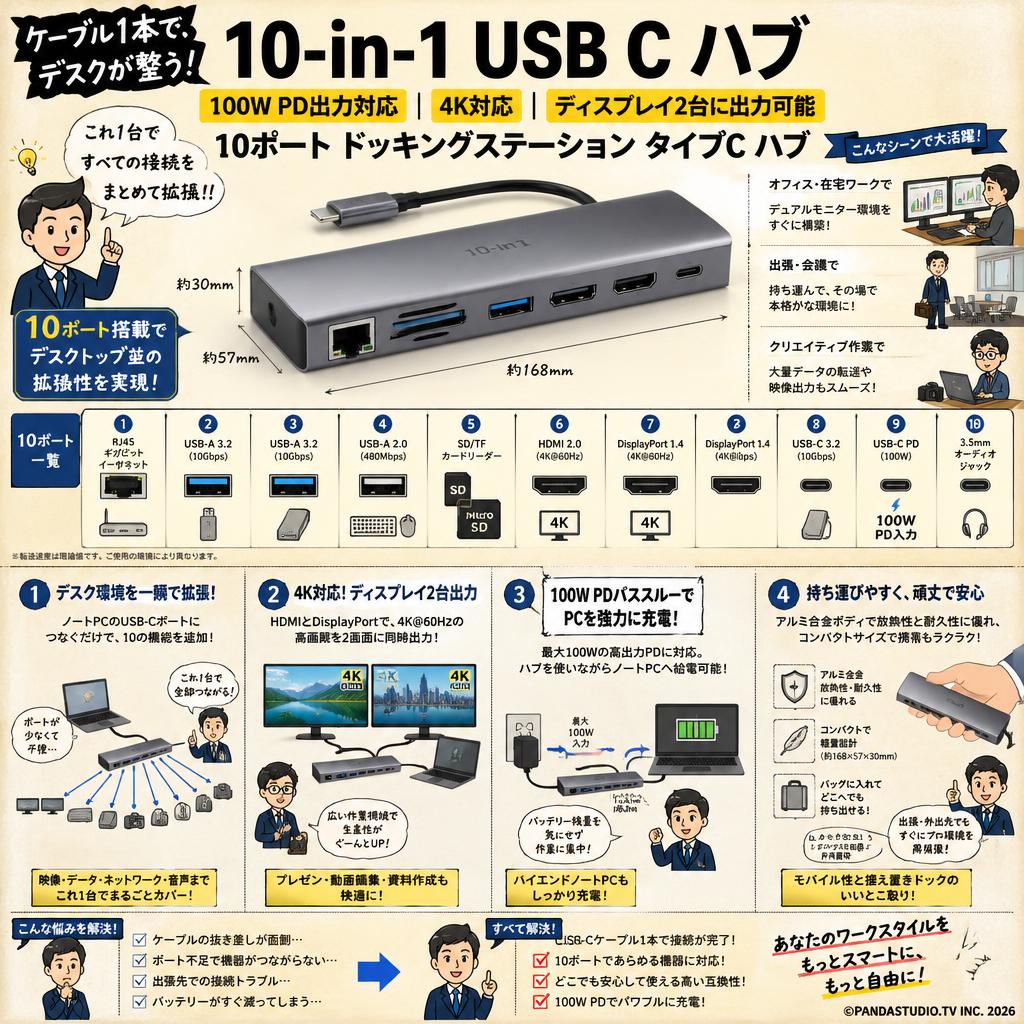 【10-in-1 100WPD出力対応 4K対応 ディスプレイ2台に出力可能】USB C ハブ HUB 10ポート ドッキングステーション タイプc ハブ 概要