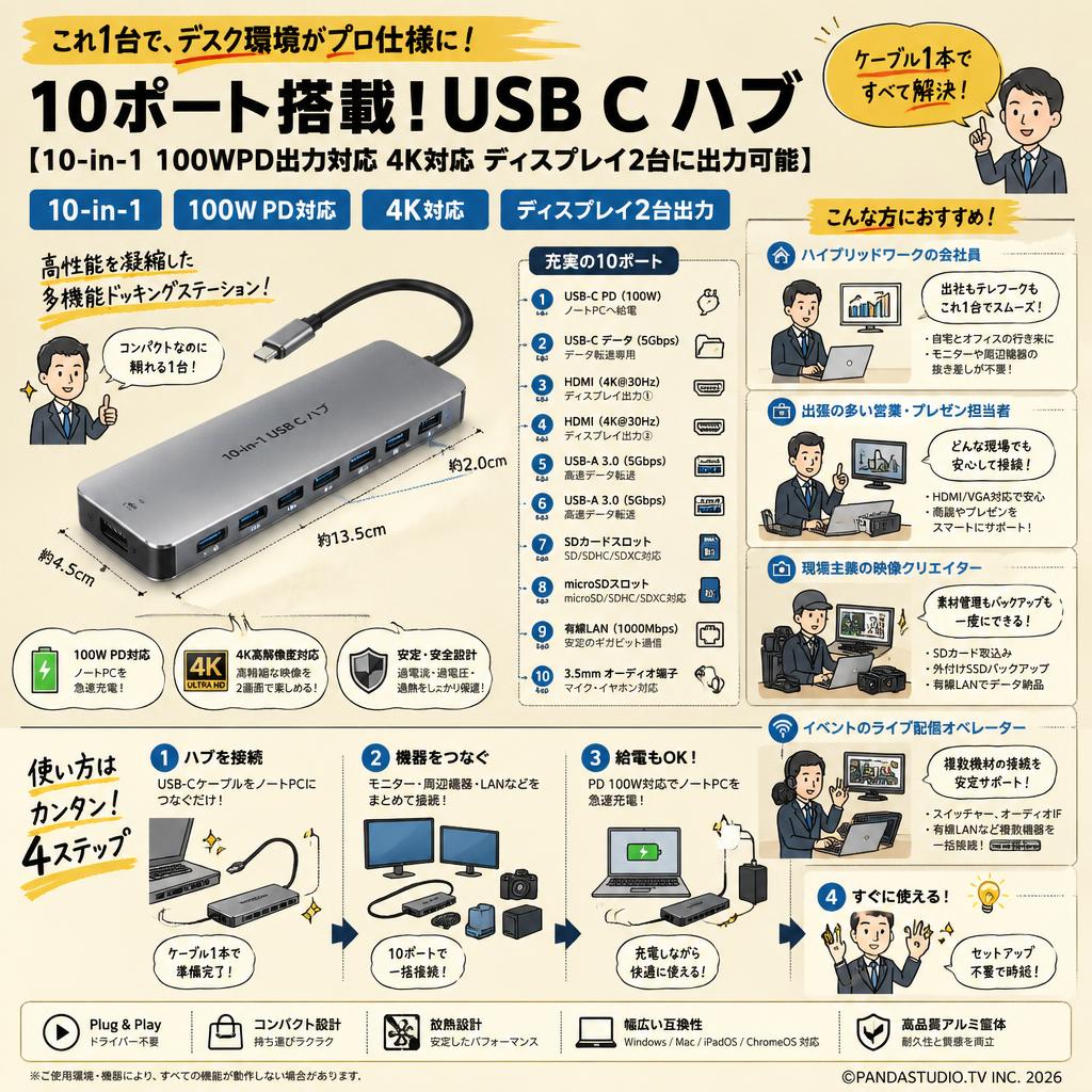 【10-in-1 100WPD出力対応 4K対応 ディスプレイ2台に出力可能】USB C ハブ HUB 10ポート ドッキングステーション タイプc ハブ おもな対象のお客様