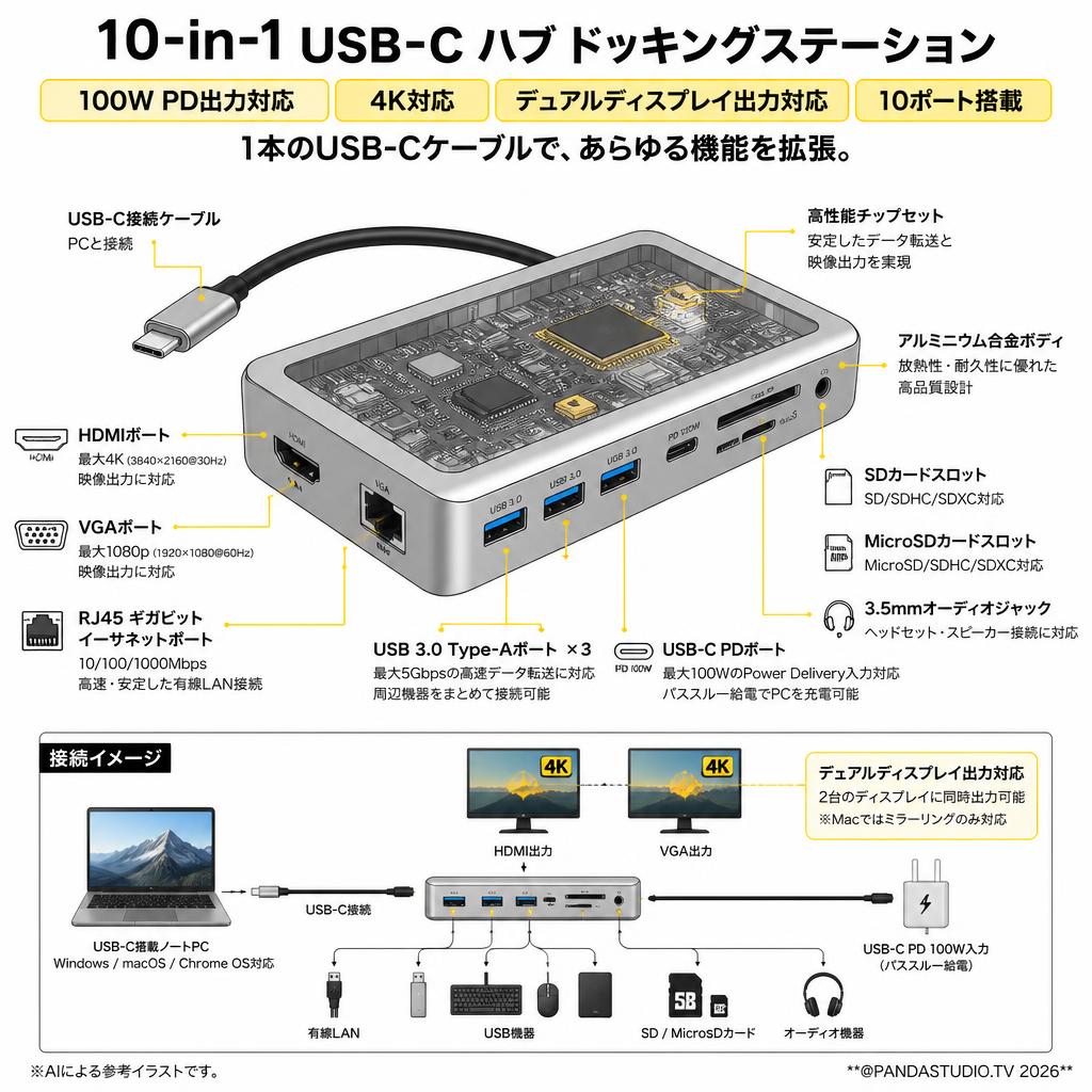 【10-in-1 100WPD出力対応 4K対応 ディスプレイ2台に出力可能】USB C ハブ HUB 10ポート ドッキングステーション タイプc ハブ スペック