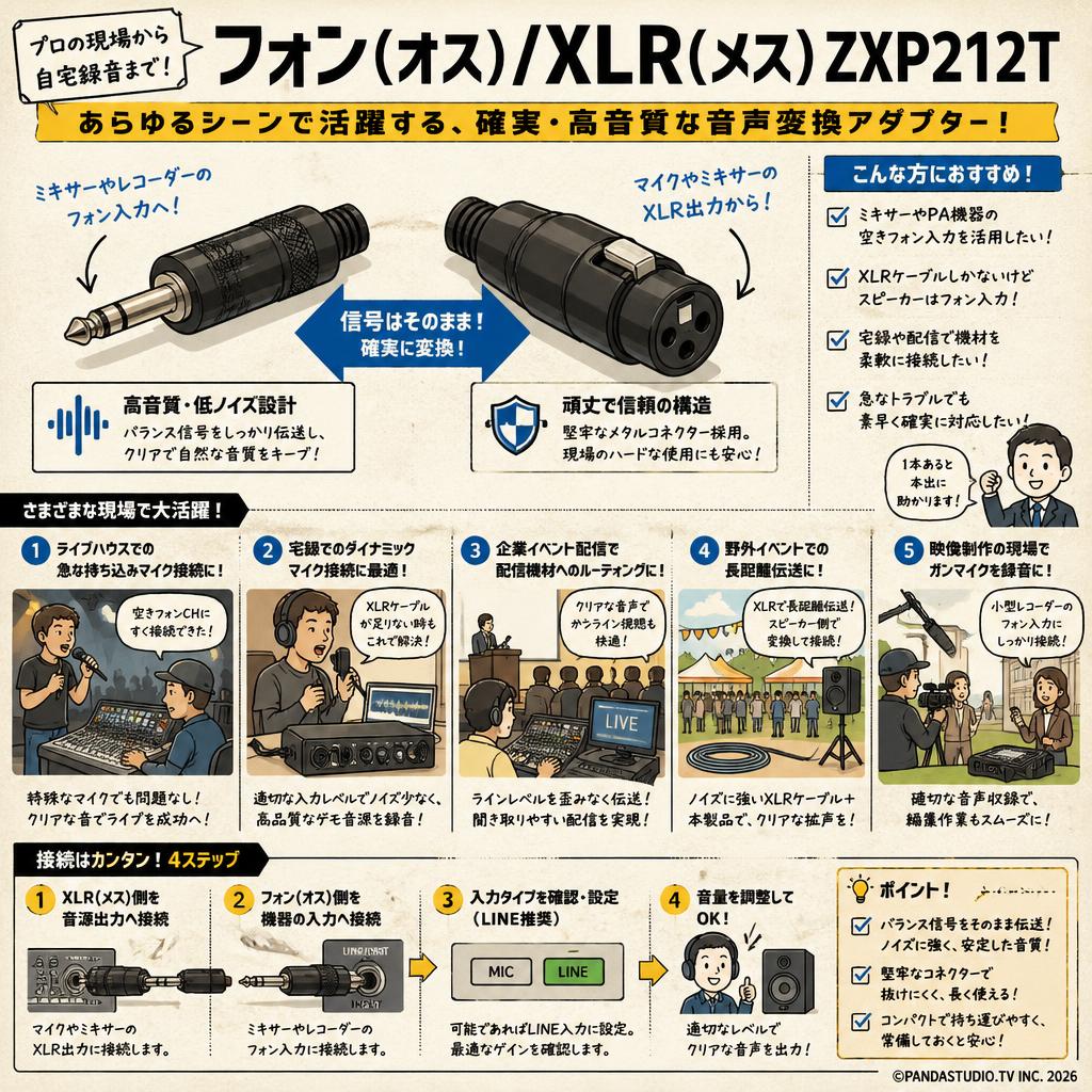 フォン(オス)/XLR(メス)ZXP212T 用途