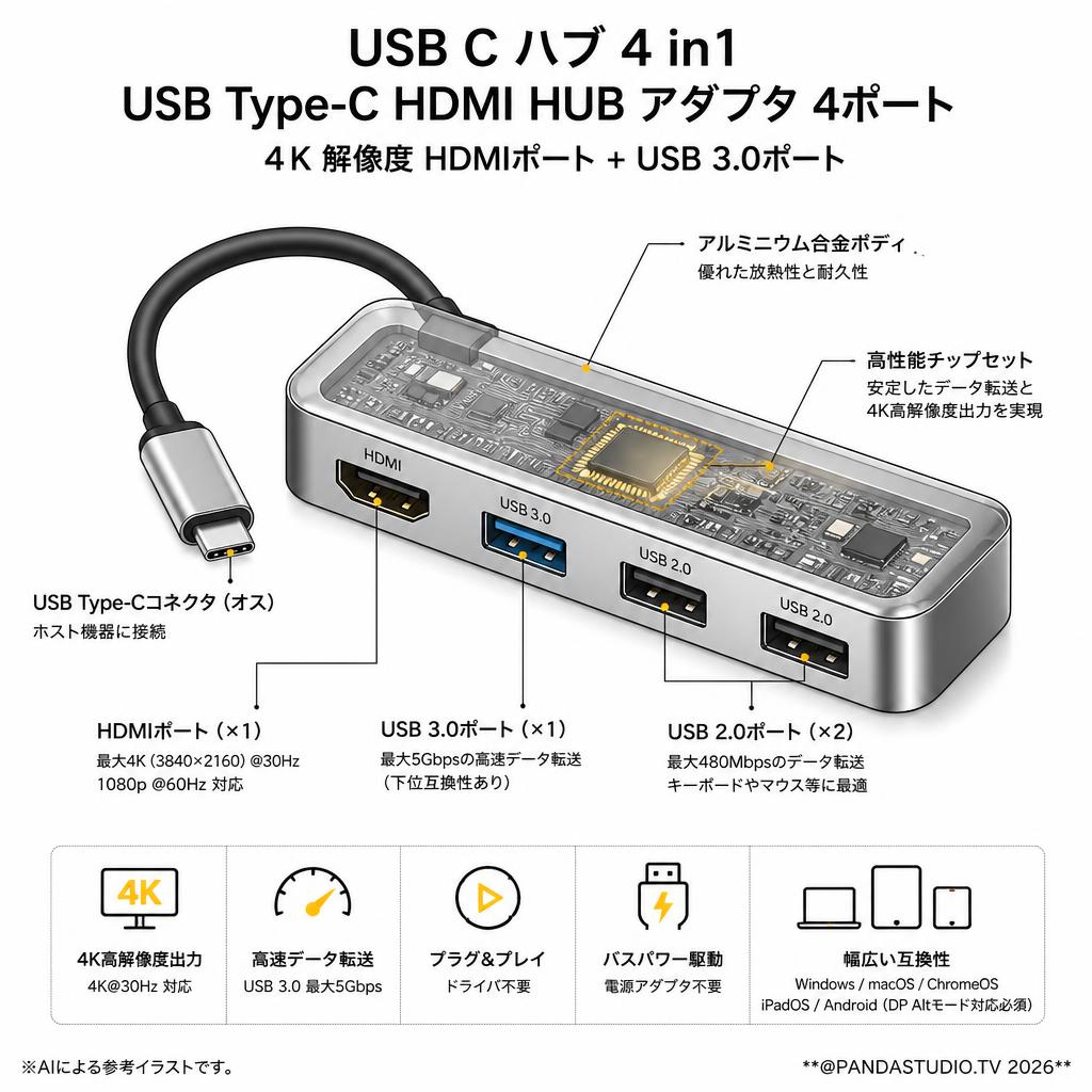 USB C ハブ 4 in1 USB Type c HDMI HUB アダプタ 4ポート ４K 解像度 HDMIポート+USB 3.0ポート スペック
