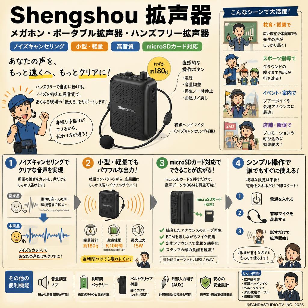 Shengshou 拡声器 メガホン ポータブル拡声器 ハンズフリー拡声器 ノイズキャンセリング 小型 高音質 microSDカード対応 概要