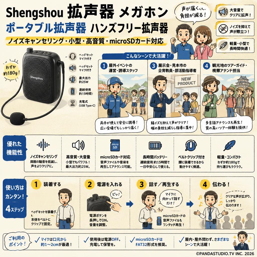 Shengshou 拡声器 メガホン ポータブル拡声器 ハンズフリー拡声器 ノイズキャンセリング 小型 高音質 microSDカード対応 おもな対象のお客様