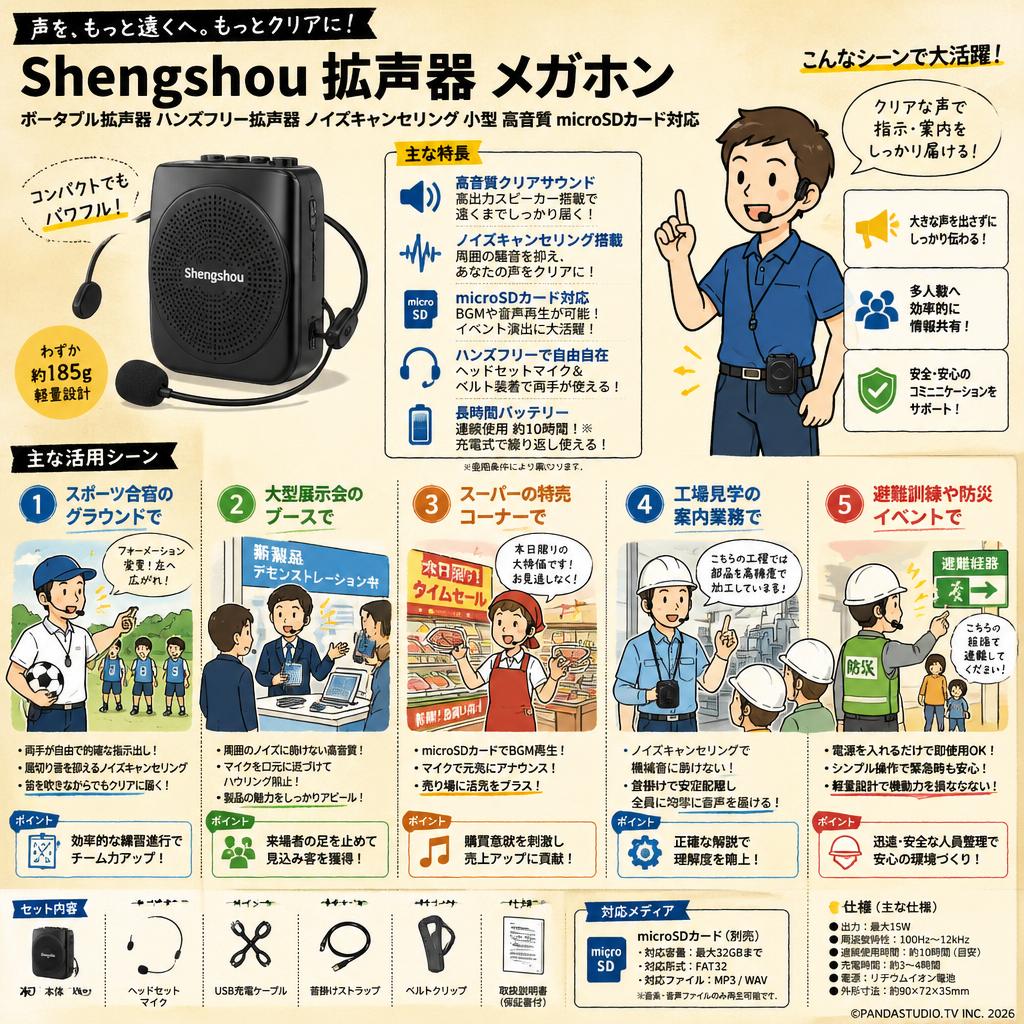 Shengshou 拡声器 メガホン ポータブル拡声器 ハンズフリー拡声器 ノイズキャンセリング 小型 高音質 microSDカード対応 用途
