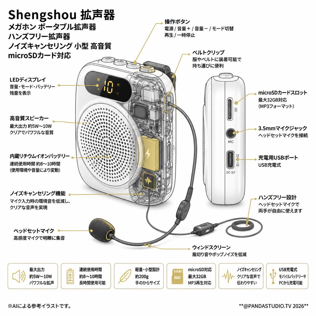 Shengshou 拡声器 メガホン ポータブル拡声器 ハンズフリー拡声器 ノイズキャンセリング 小型 高音質 microSDカード対応 スペック