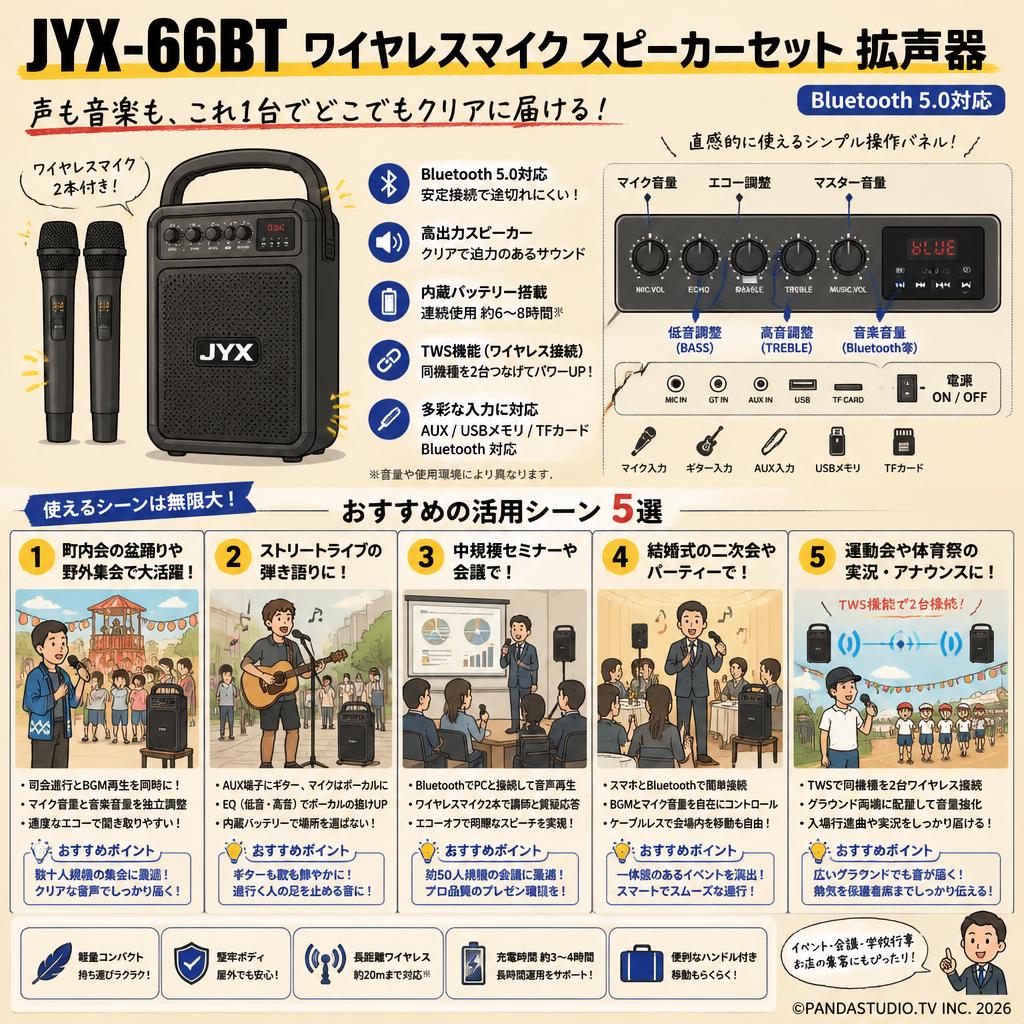 JYX-66BT ワイヤレスマイク スピーカーセット 拡声器 Bluetooth 5.0対応 用途