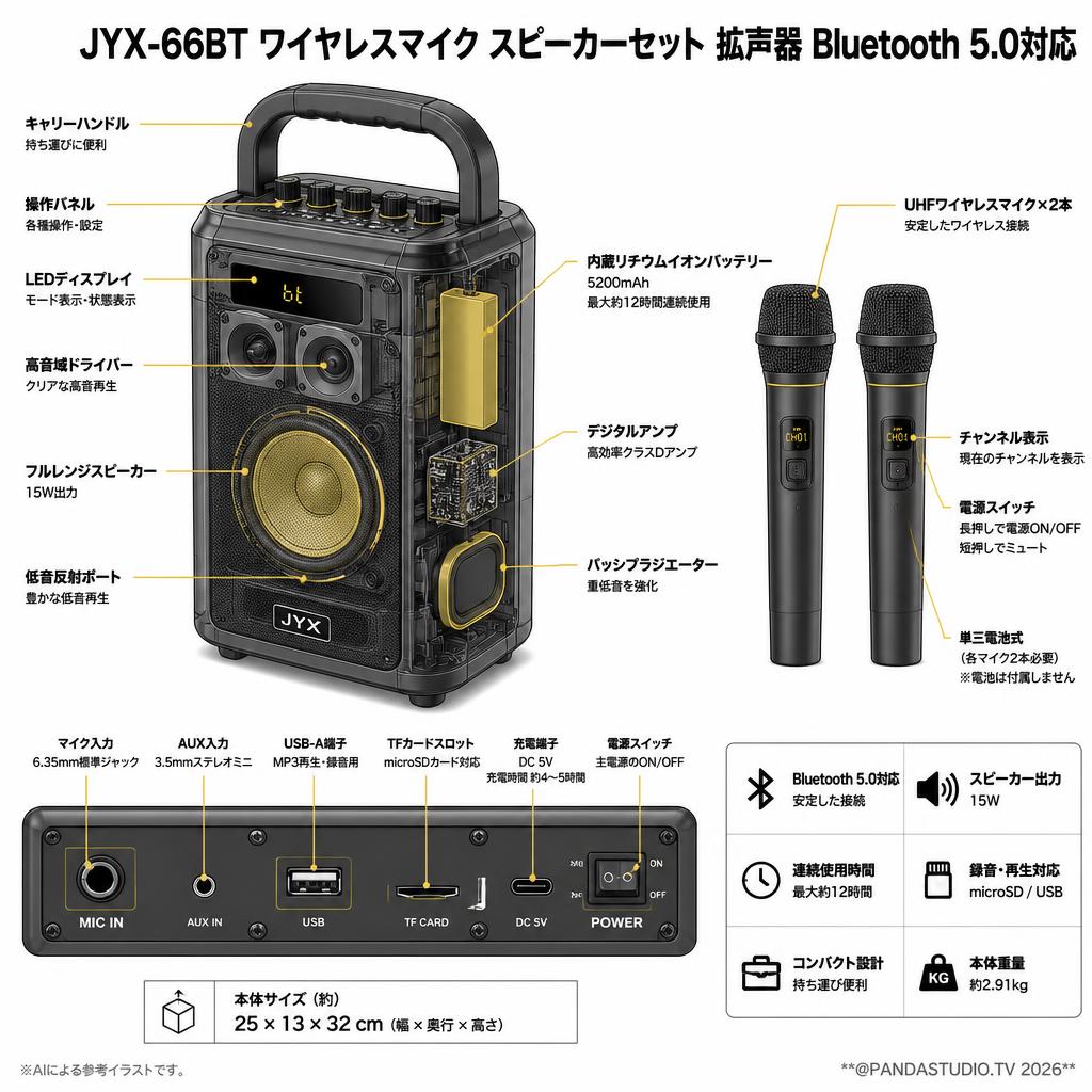 JYX-66BT ワイヤレスマイク スピーカーセット 拡声器 Bluetooth 5.0対応 スペック