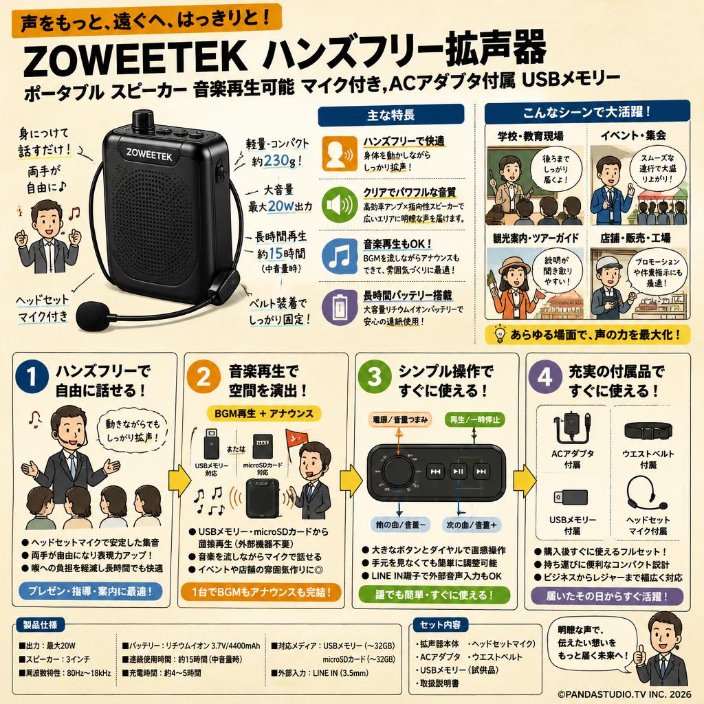 ZOWEETEK ハンズフリー拡声器 ポータブル スピーカー 音楽再生可能 マイク付き,ACアダプタ付属 USBメモリー 概要